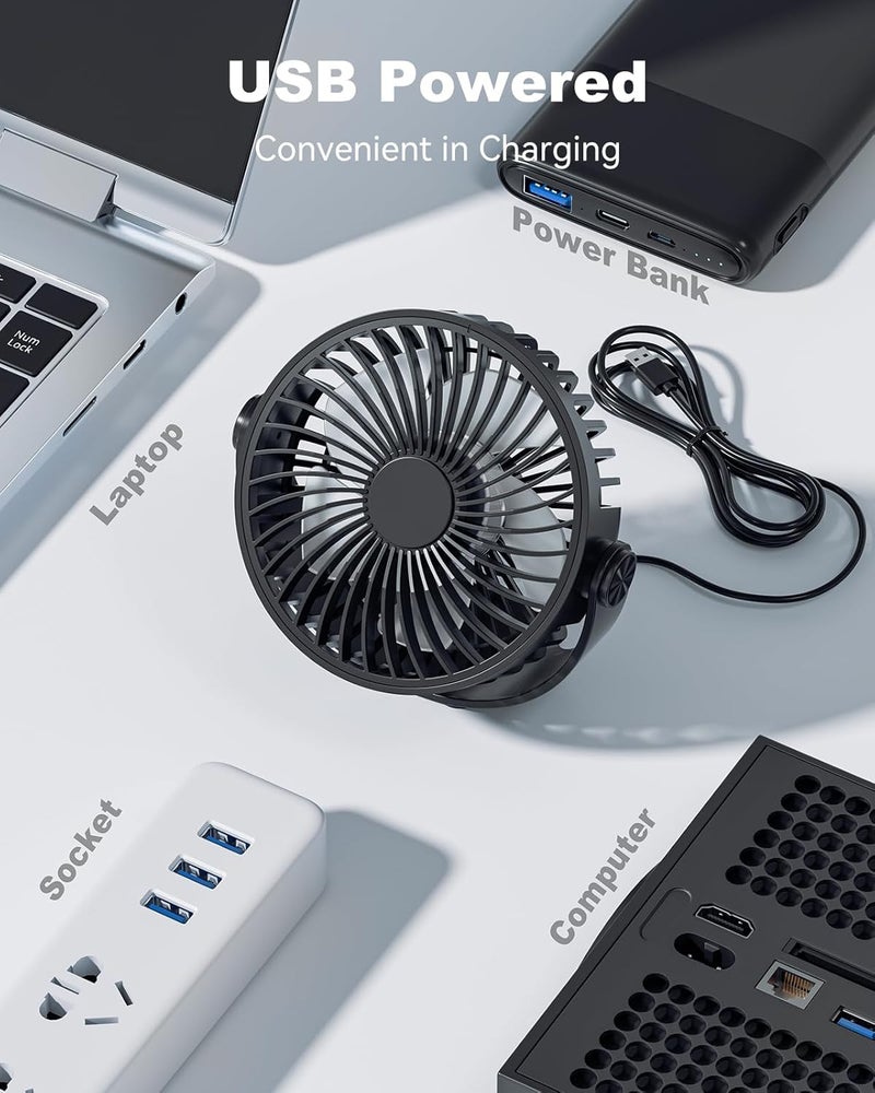Edvision USB Desk Fan, 5 Inch Mini Portable, 3 Speeds Strong Airflow Personal Desktop, Detachable Cooling Fan 360° Rotation Quiet Small Fan for Desk Home Office Travel Car, Black, 5ft Cable - Image 4